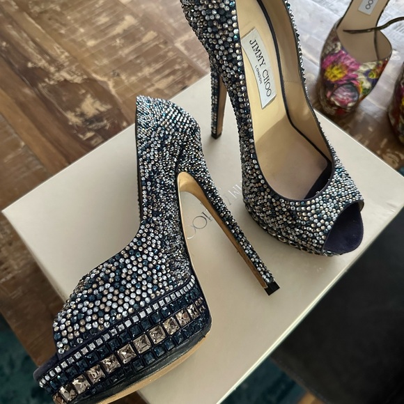 Jimmy Choo Kendall Swarovski Crystal Blue & Gold Peeptoe heels 39 - Picture 5 of 7